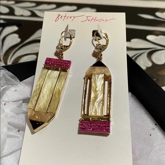 Betsey Johnson School Teacher Yellow Pencil Dangly Earrings - Picture 2 of 5
